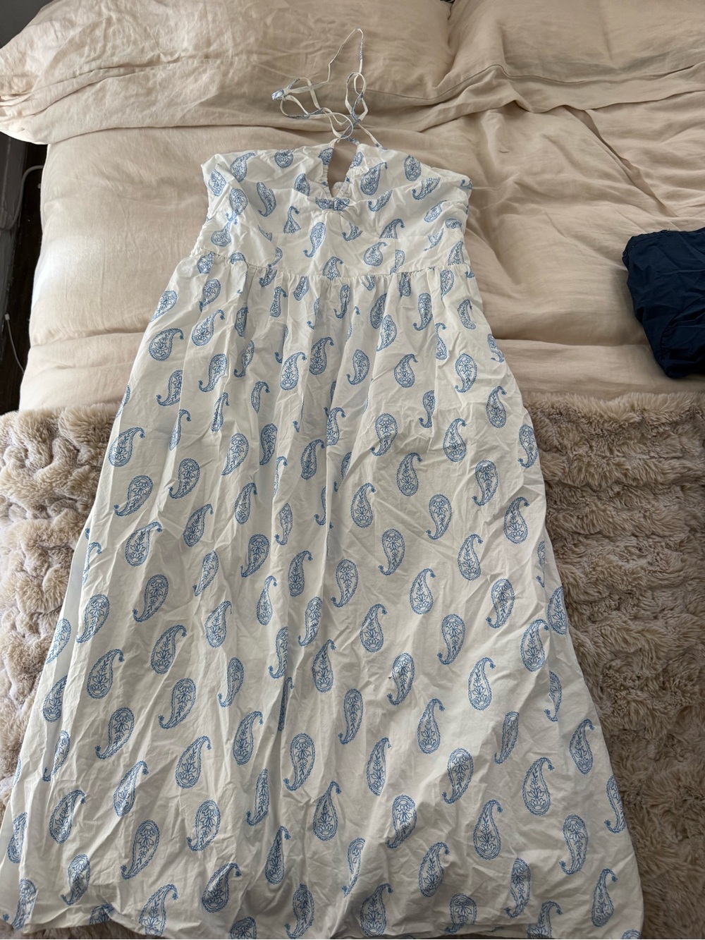 White Halter Midi Dress with Blue Paisley Print